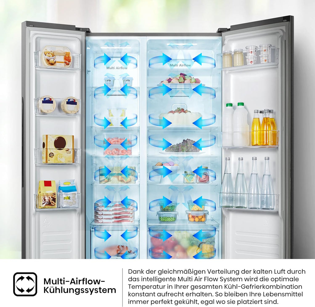 Hisense RS677N4BFD Frigorifero Americano Side by Side / Compressore Inverter / Porta Bottiglie / 2 FreshZone / Vano Verdure / Capacità Frigo 334 L / Capacità Congelatore 185 L / 41 dB / 247 kWh all'anno, Nero