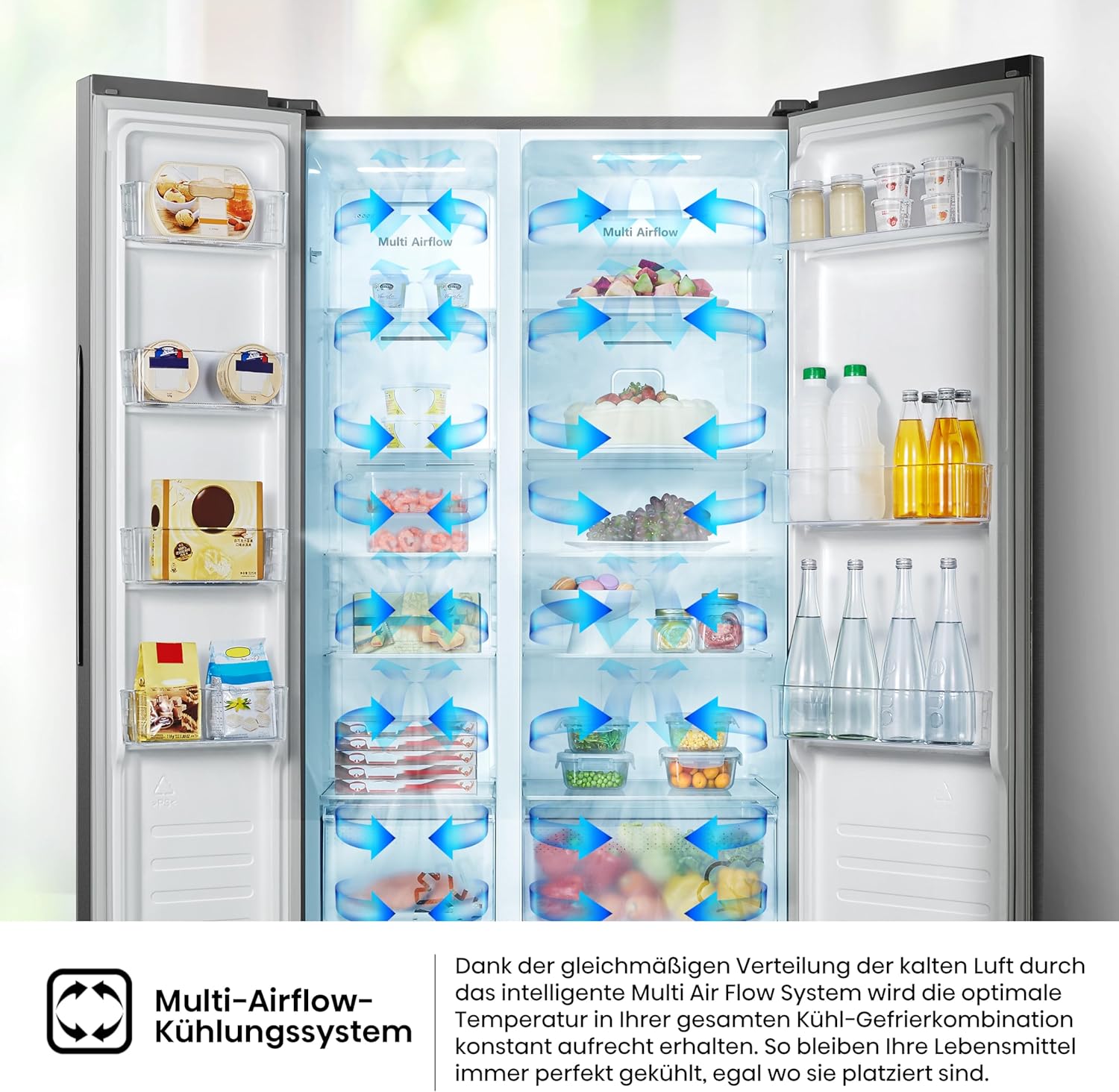 Hisense RS677N4BFD Frigorifero Americano Side by Side / Compressore Inverter / Porta Bottiglie / 2 FreshZone / Vano Verdure / Capacità Frigo 334 L / Capacità Congelatore 185 L / 41 dB / 247 kWh all'anno, Nero