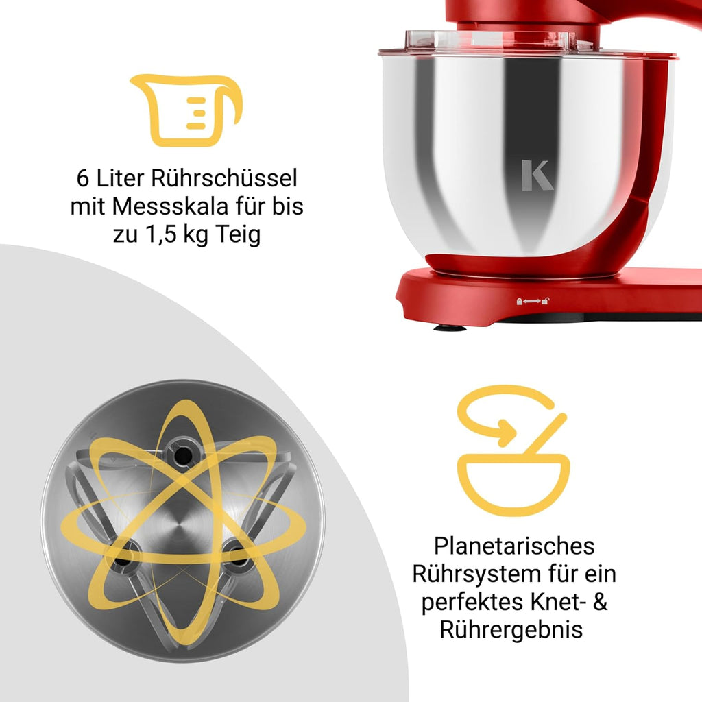 KLAMER Robot da Cucina 1800W, Impastatrice per Pane con Ciotola in Acciaio Inox da 6 L, 10 Velocità con Timer, Movimento Planetario, Frusta a Filo, Gancio Impastatore, Frusta Piatta e Coperchio Paraspruzzi (nero)