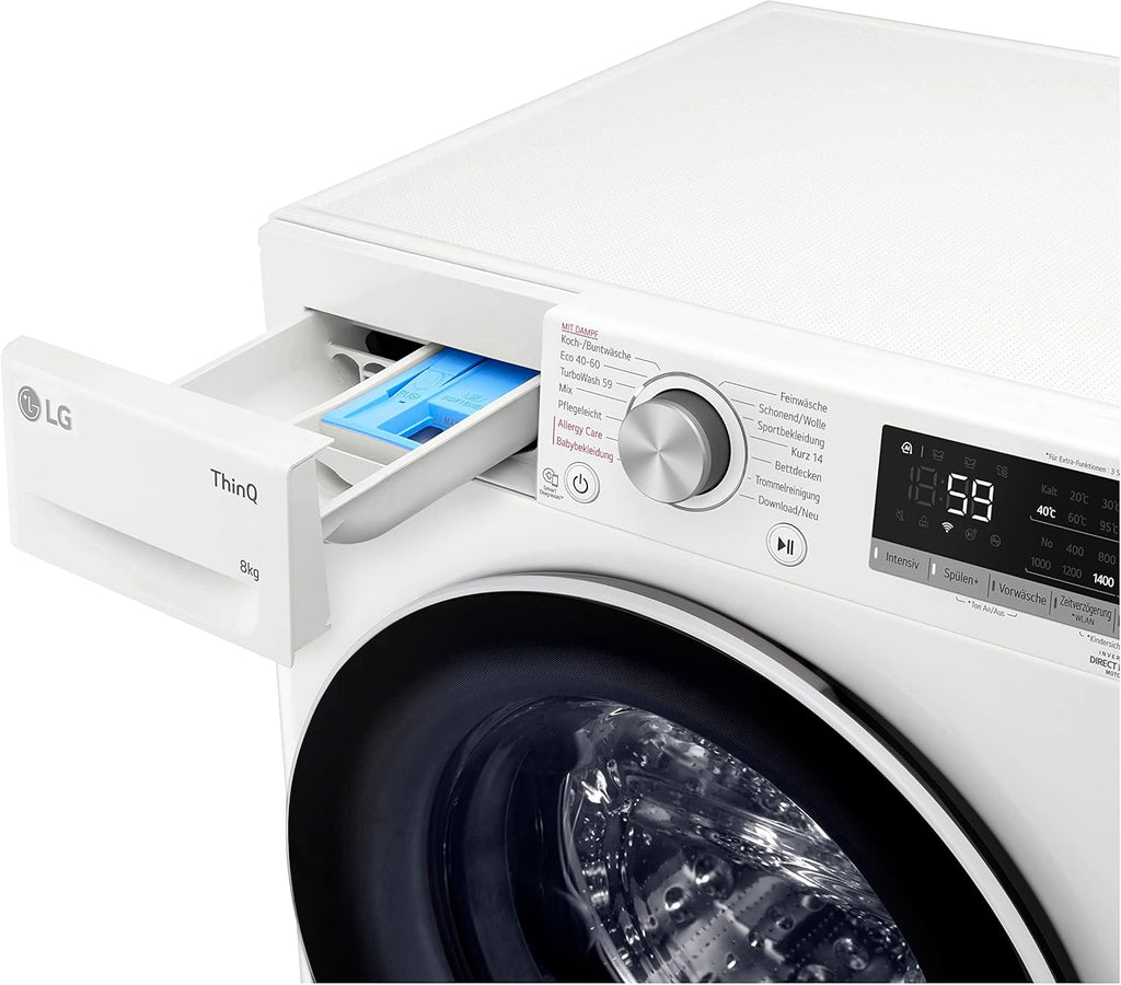 LG F4WV7080, Klasse A, Frontlader-Waschmaschine 8 kg, 1400 U/Min, AI Direct Drive, Wi-Fi, Tiefenreinigung mit Dampf, Große Kapazität, TRIPLE A, Außentür aus Sicherheitsglas, 62 x 60 x 85 cm ꟷ Weiß