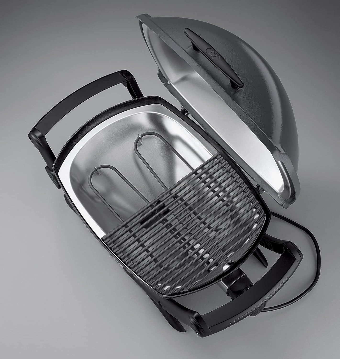 Weber Q2400 Barbecue elettrico con supporto + tavolini laterali, superficie di cottura 54 x 39 cm, portatile, griglia di cottura in ghisa smaltata in due pezzi, coperchio e braciere in ghisa d'alluminio - Grigio scuro (55020879)