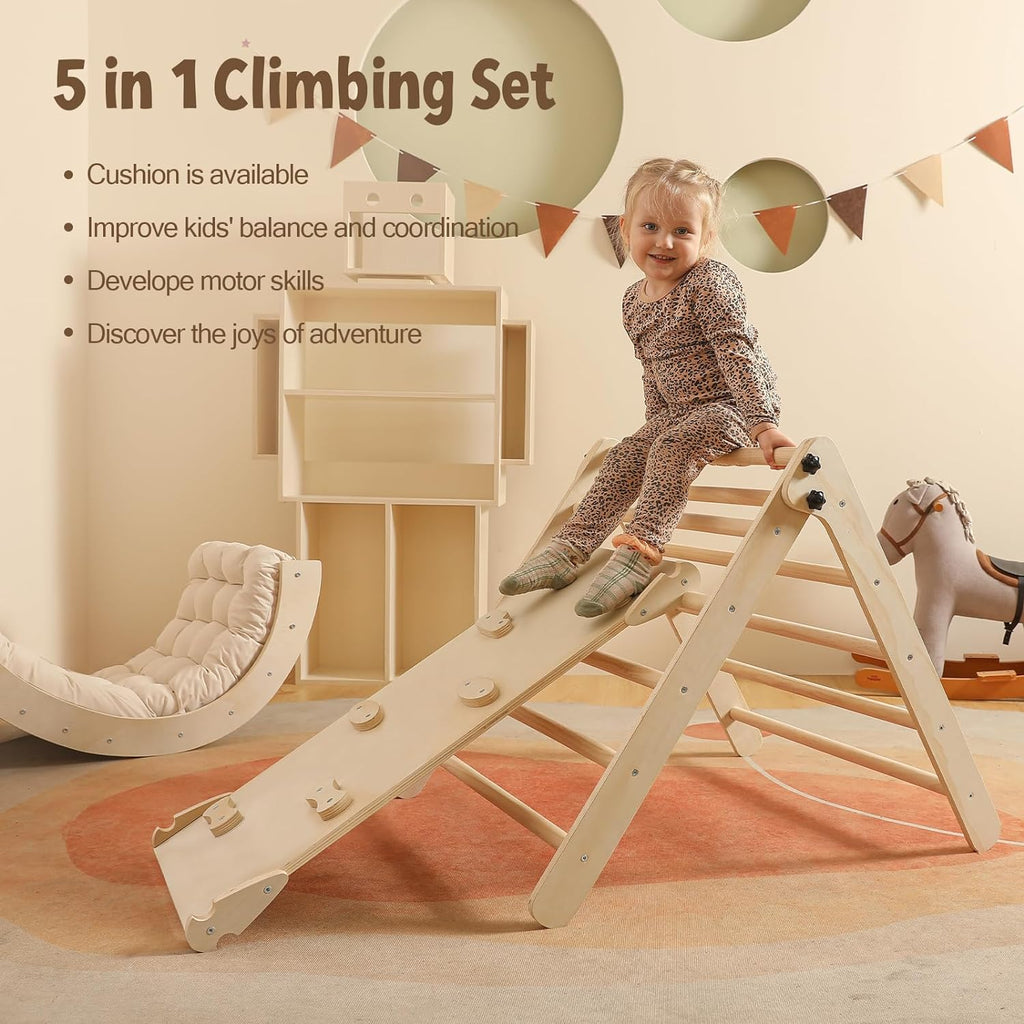 Set di triangoli con cuscino, set da arrampicata Montessori 5 in 1 pieghevole, set da gioco per interni per bambini piccoli, giocattolo da arrampicata in legno con rampa e arco da arrampicata per bambini (colore legno)