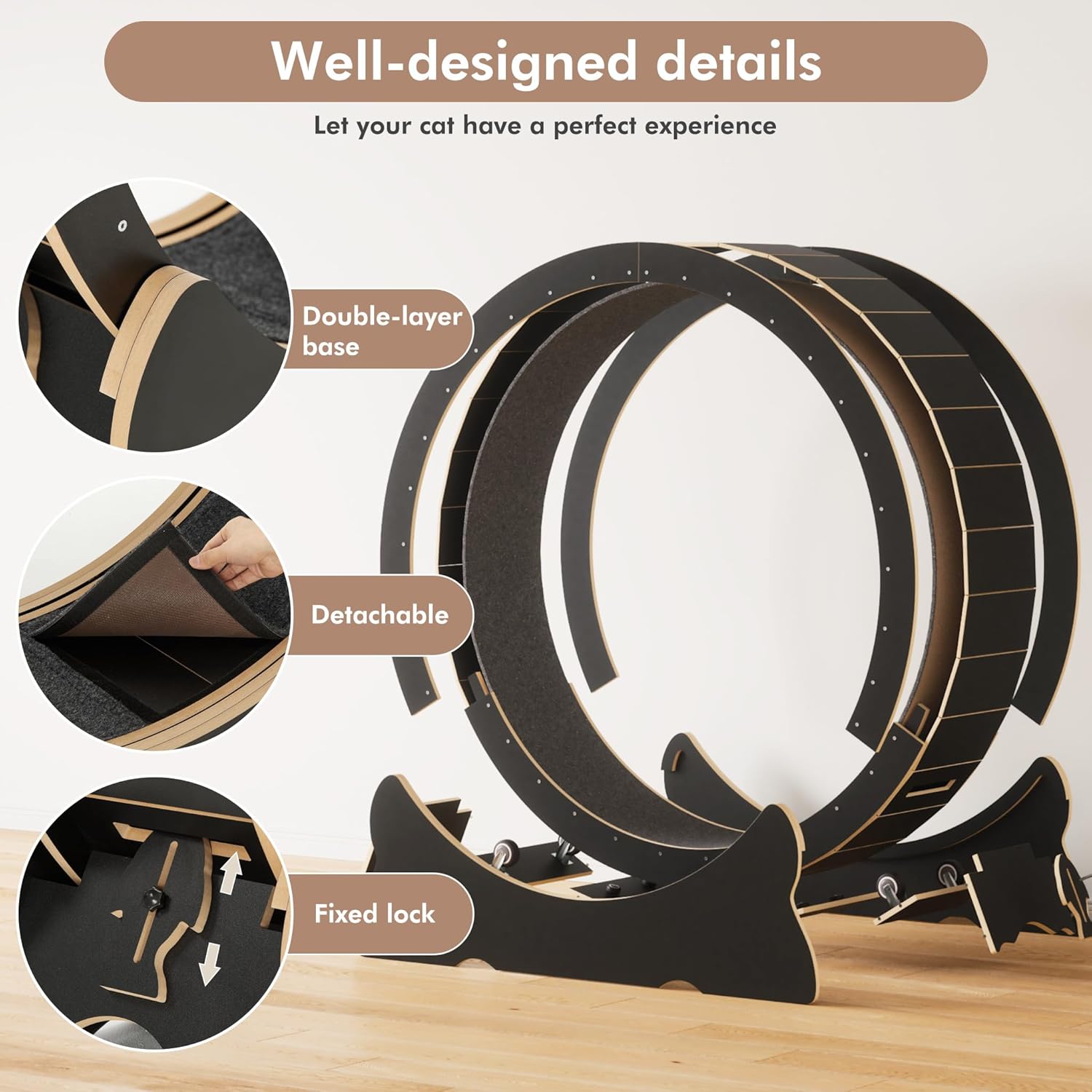Mondeer Ruota per gatti da interno, tapis roulant da 110 cm con tappeto rimovibile, ruota da corsa in legno per gatti di taglia piccola, media e grande, attrezzo per fitness e perdita di peso, nero