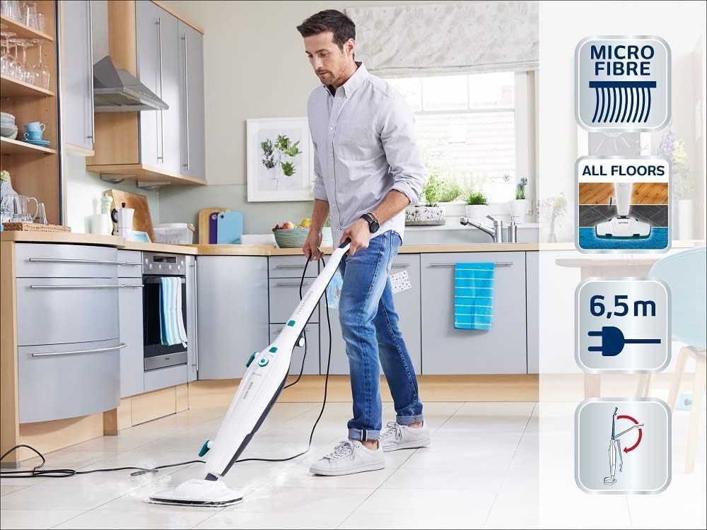 Leifheit Pulitore a vapore CleanTenso Power 2.0 con vapore caldo contro i batteri, Mop a vapore con tempi di riscaldamento brevi e 50 minuti di autonomia, Scopa a vapore per la pulizia degli angoli, Spazzola a vapore dal design moderno