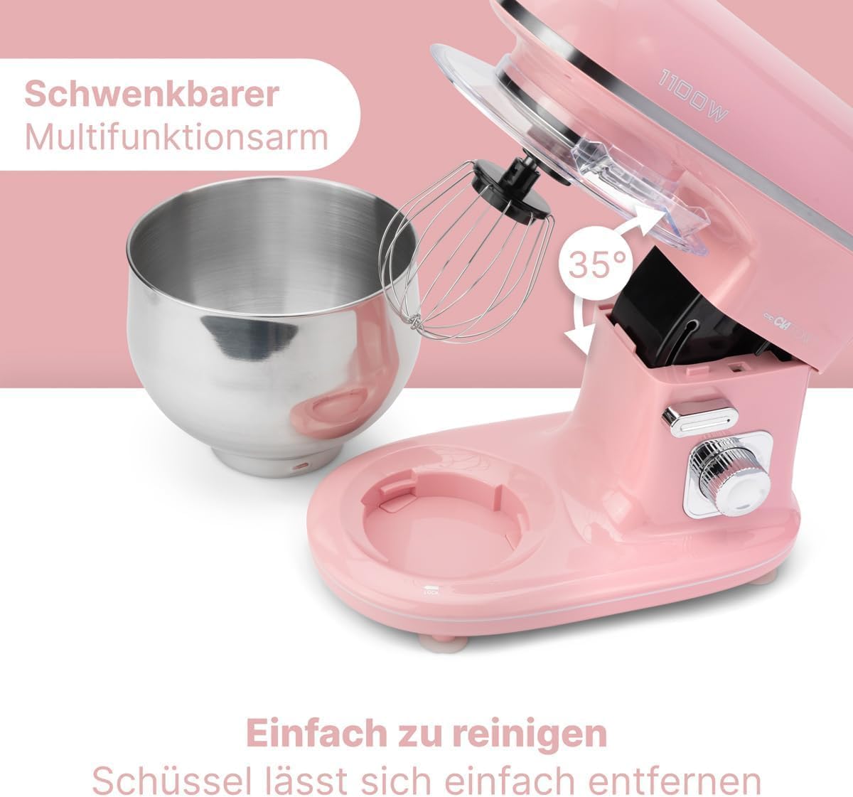 Clatronic Robot da Cucina retrò per impastare | Planetaria 5L con potente motore da 1100W | Impastatrice incluso gancio e frusta | Robot da cucina retrò con paraspruzzi e apertura di riempimento – KM 3711 rosa