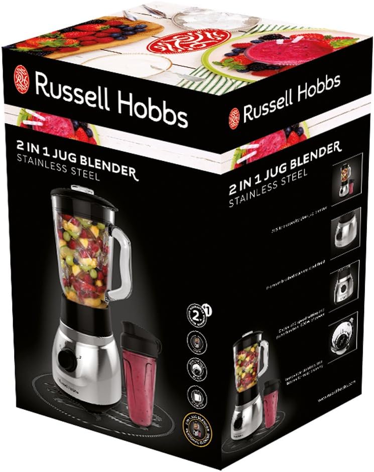 Russell Hobbs Standmixer 2-in-1 [1,5l Glasbehlter Mixer & 0,6l Mini Smoothie Maker -To-Go-Trinkflasche inkl. Deckel] Spülmaschinenfest, Impuls-/Ice-Crush Funktion, Becher BPA frei, Edelstahl 23821-56