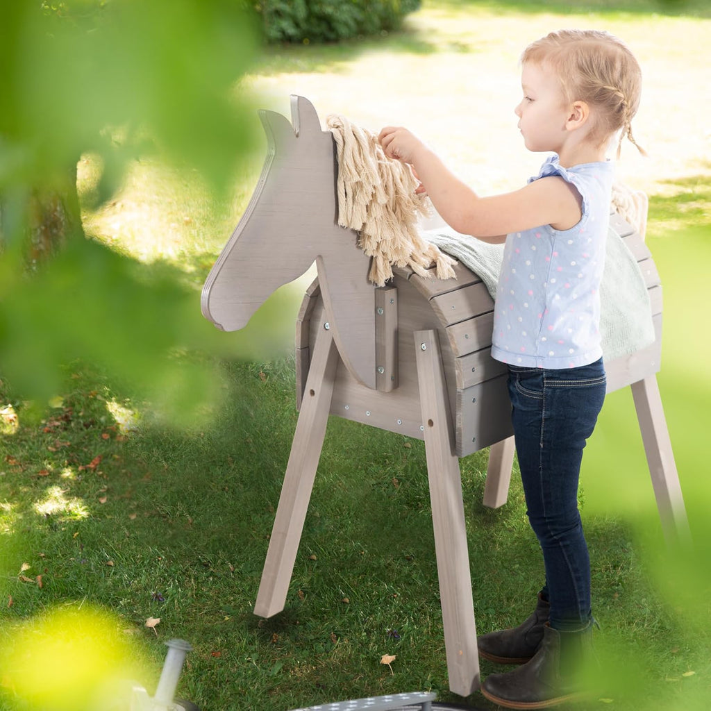 roba Cavallo di legno per il giardino - Cavallo da volteggio con criniera e coda - Cavallo giocattolo per ginnastica e cavalcare - Legno massiccio - Teak laccato