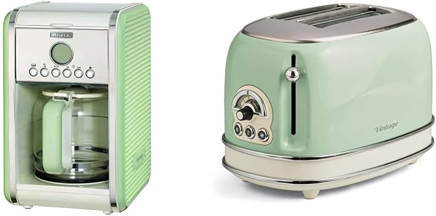 Ariete Vintage 1342 Macchina da Caffè Americano Retrò, Caraffa in Vetro Temperato, Fino a 12 Tazze, Timer 24 Ore, Spegnimento Automatico, Funzione Anti-Goccia, Piastra Riscaldante, Capacità 1.5 L, 2000 W, Verde