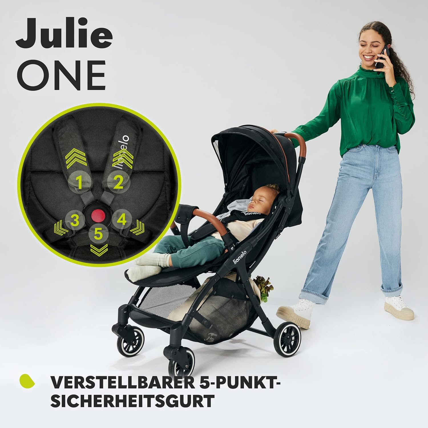 LIONELO Julie One Passeggino da 0 a 22 kg, schienale e poggiagambe regolabili, zanzariera, coprigambe, portabicchieri e borsa da trasporto, pieghevole