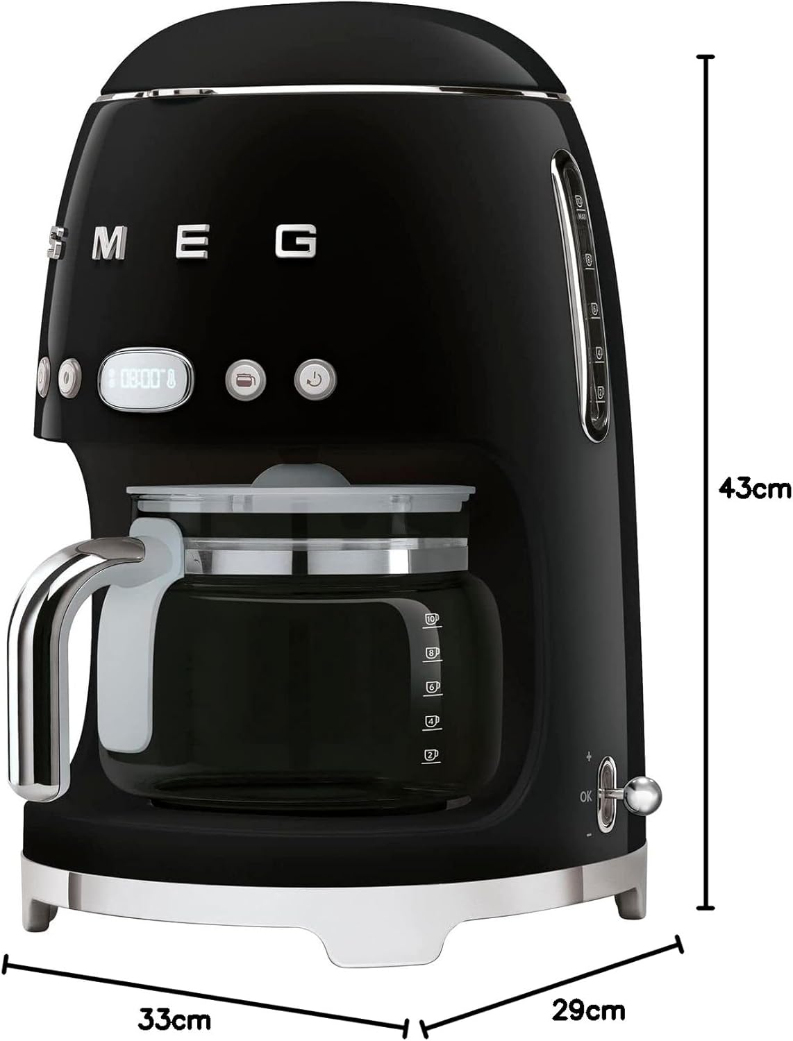 Smeg, DCF02BLMEU, Macchina da caffè con filtro, Funzione aroma e avvio automatico, Caraffa in vetro fino a 12 tazze, 2 livelli di intensità, Funzione di mantenimento del calore, 1050W, Nero opaco