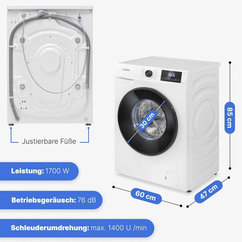 Bomann Lavatrice 7kg | max. 1400 giri/min | 10 anni di garanzia sul motore | motore inverter efficiente, silenzioso e durevole | 15 programmi | preselezione dell'ora di fine | display LED | WA 7175 bianca