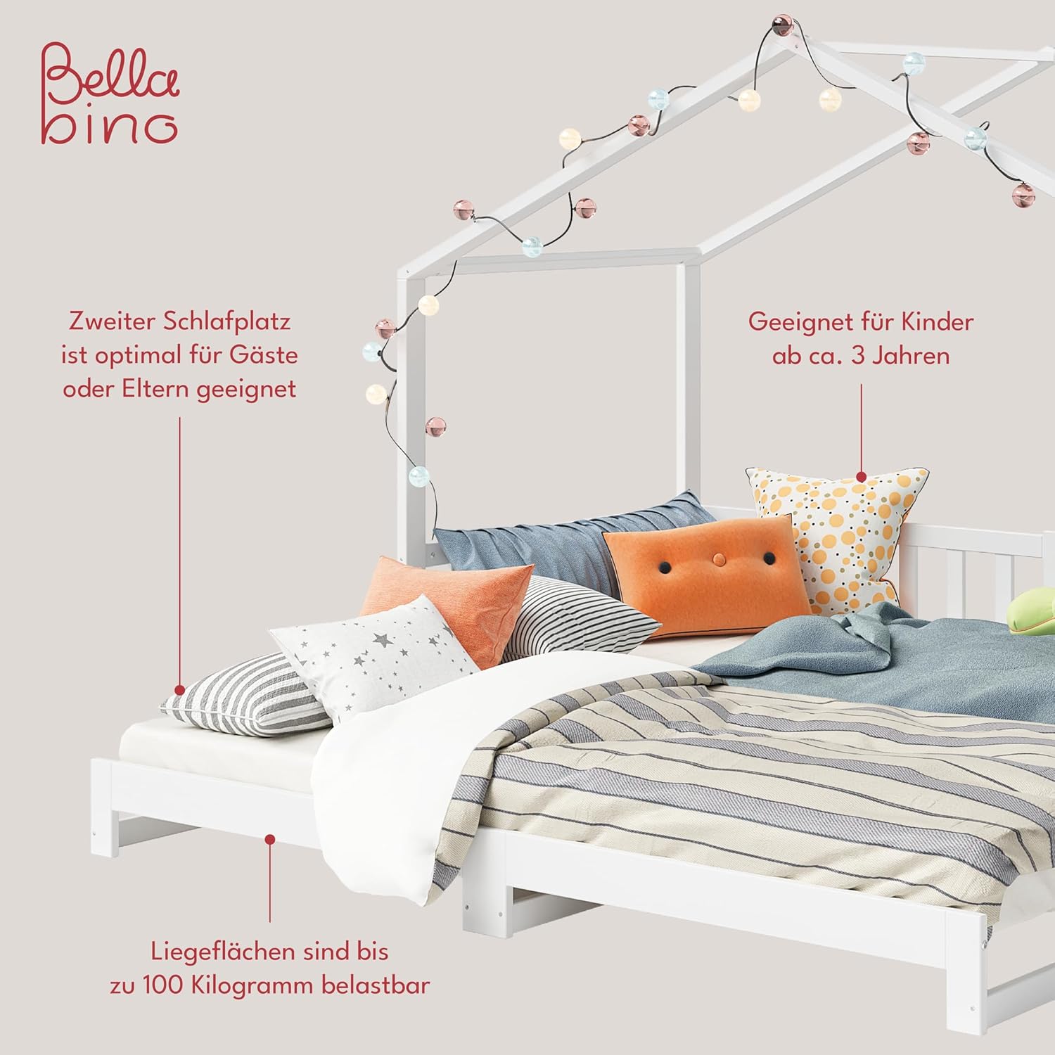 Bellabino Lettino per bambini Bia 140x200 cm, letto a capanna per bambini con protezione anticaduta e rete a doghe arrotolabile, letto a terra Montessori bianco in legno massello di pino