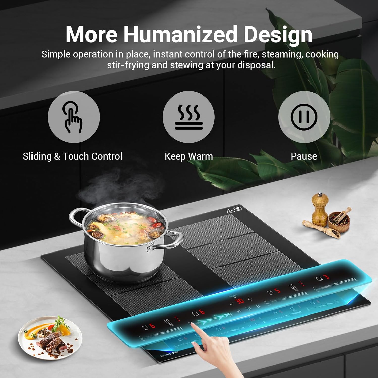 AMZCHEF Piano cottura a induzione con due zone flessibili, piano cottura a induzione a 4 zone con funzionamento silenzioso (42 dB), 9 livelli di potenza e Booster - Funzione BBQ, funzione Pausa e Mantieni caldo, 7400 W