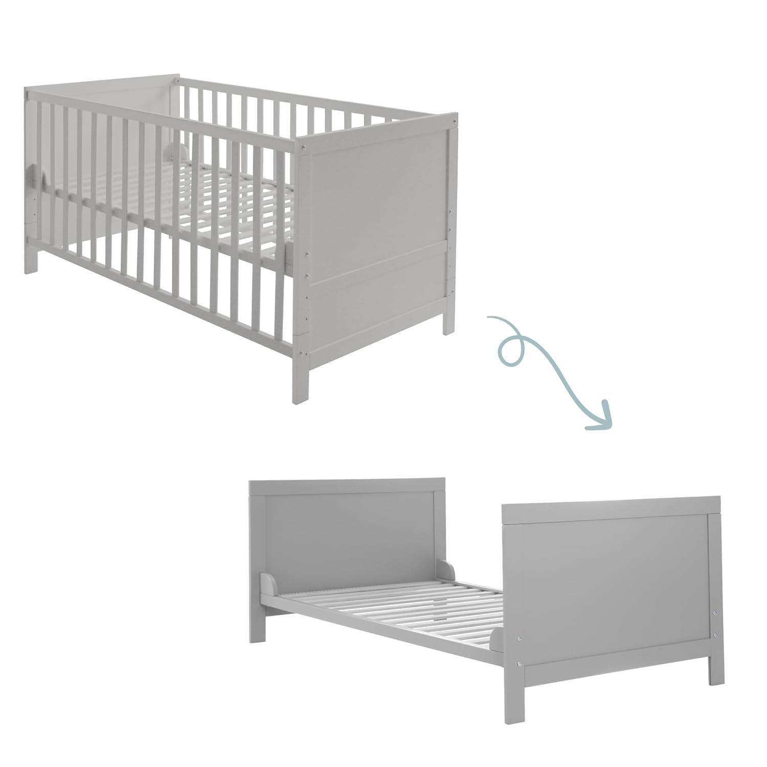 roba Lettino combinato 70 x 140 - Lettino con sbarre regolabile in 3 altezze - 3 pioli rimovibili - Lettino trasformabile in letto junior - Legno color tortora