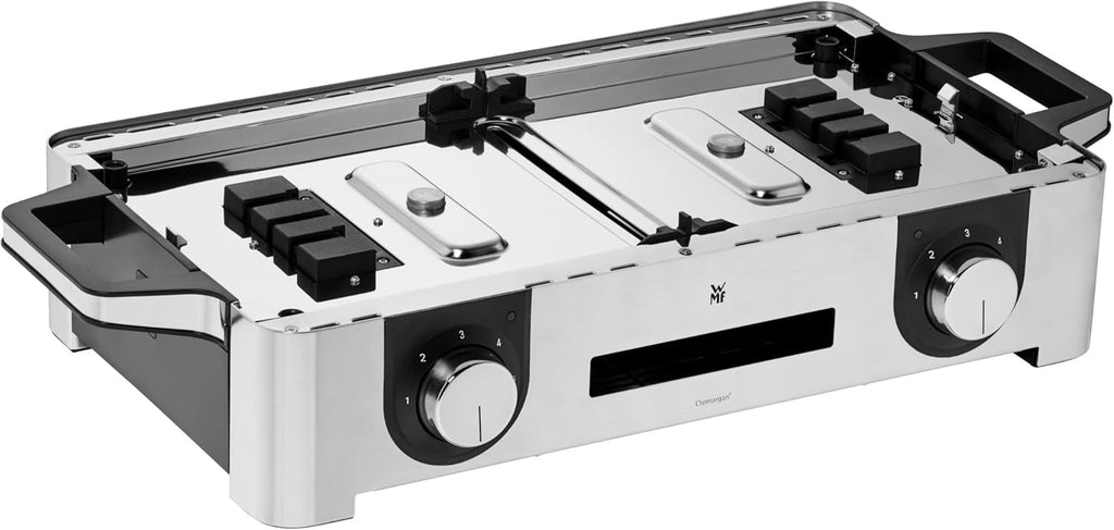 WMF Lono Master-Grill, Grill Elettrico, 50x28 cm, Grill Elettrico da Tavolo con Paravento e Vaschetta Raccogligocce, Certificato per Esterni per Barbecue, 2 Superfici di Cottura Regolabili Separatamente, 2400 W, Acciaio Inossidabile Opaco