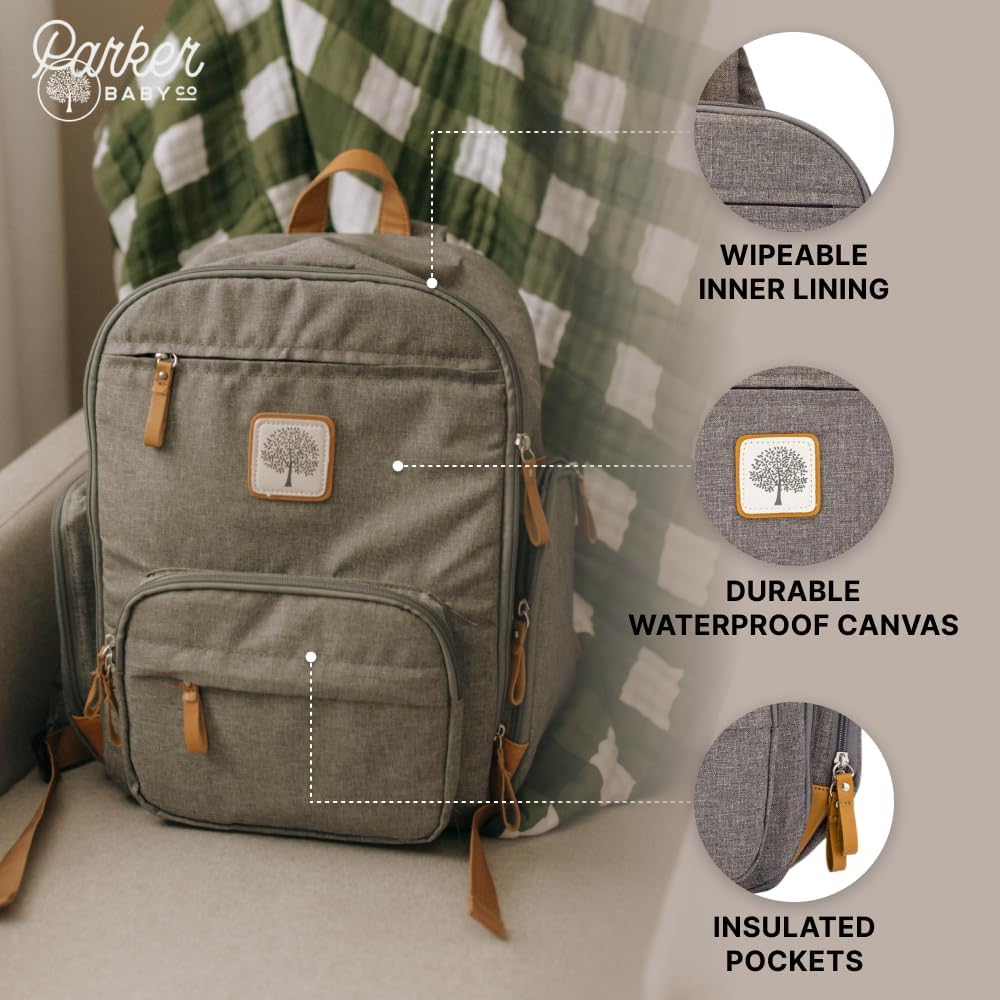 Parker Baby Diaper Backpack - Full Zip Diaper Bag with Insulated Pockets
