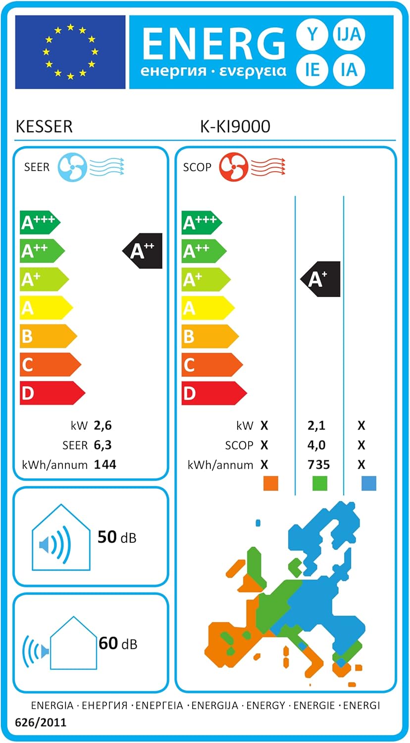 KESSER® Condizionatore Split - con funzione WiFi/App - Raffreddamento A++/Riscaldamento A+ - 9000 BTU/h (2.600 Watt) Refrigerante R32 - Telecomando, funzione timer - Kit di montaggio completo incluso