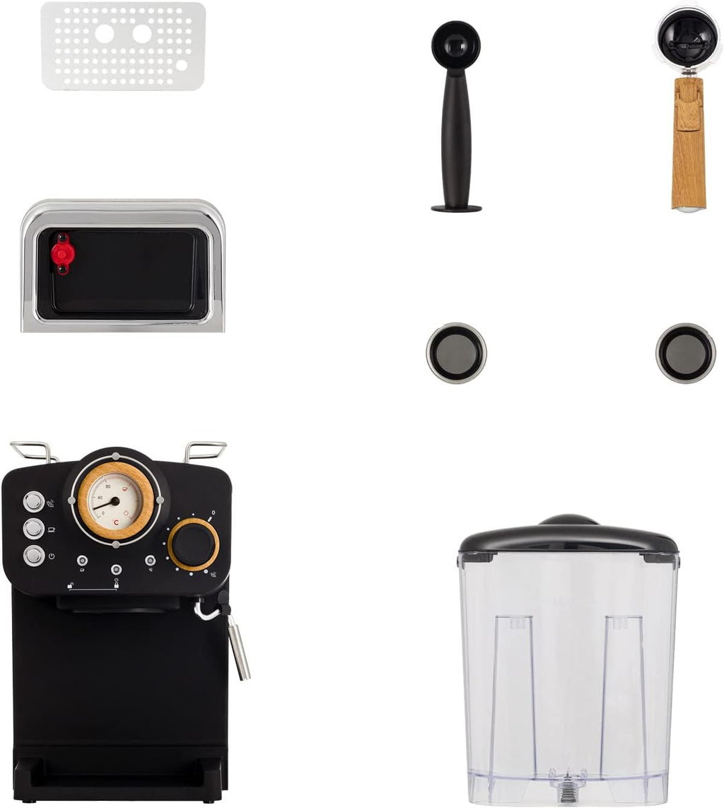 CREATE / THERA RETRO/Macchina da caffè espresso semiautomatica Rosa Pastello Opaco e Legno / Pompa a pressione 20bar, 1100W, Serbatoio acqua 1.25L, per caffè macinato, cialde ESE 55mm, con vaporizzatore, 1100W