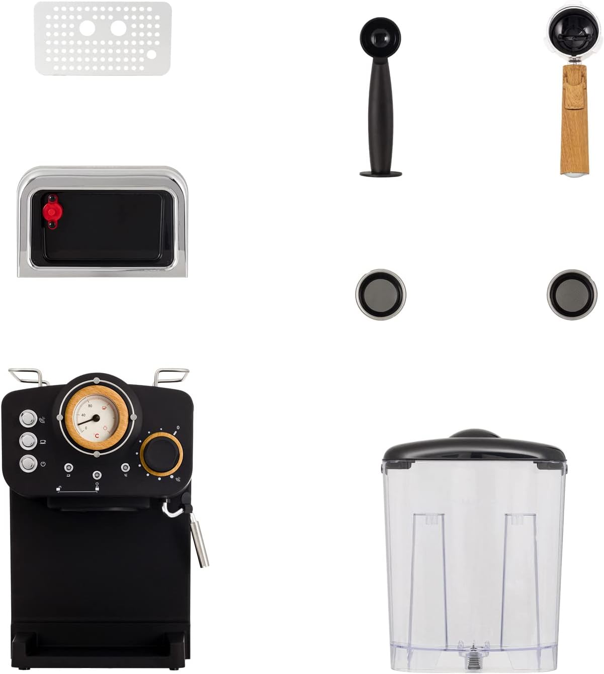 CREATE / THERA RETRO/Macchina da caffè espresso semiautomatica Rosa Pastello Opaco e Legno / Pompa a pressione 20bar, 1100W, Serbatoio acqua 1.25L, per caffè macinato, cialde ESE 55mm, con vaporizzatore, 1100W