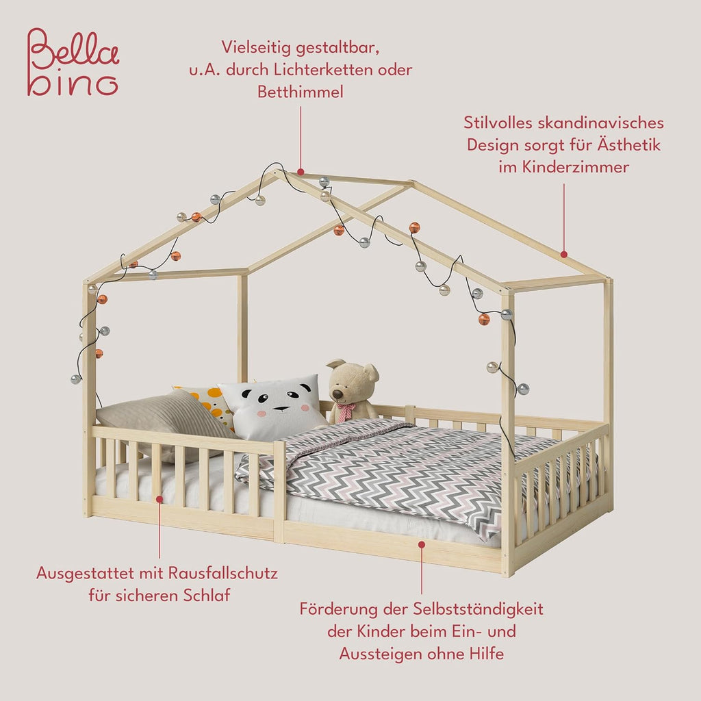Bellabino Lettino per bambini Bia 140x200 cm, letto a capanna per bambini con protezione anticaduta e rete a doghe arrotolabile, letto a terra Montessori bianco in legno massello di pino
