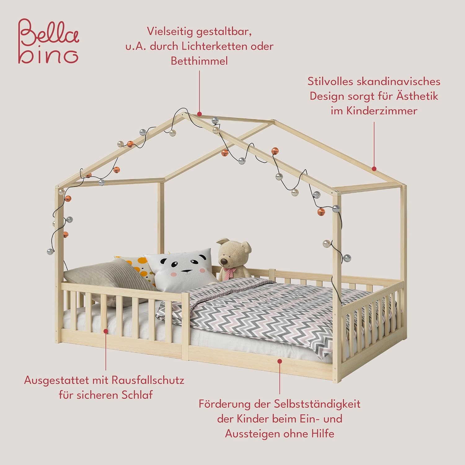 Bellabino Lettino per bambini Bia 140x200 cm, letto a capanna per bambini con protezione anticaduta e rete a doghe arrotolabile, letto a terra Montessori bianco in legno massello di pino