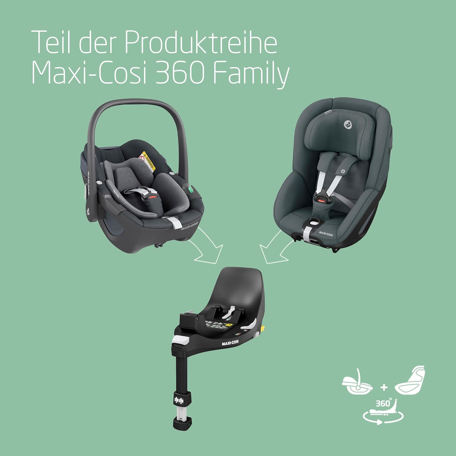 Maxi-Cosi Pebble 360 i-Size Babyschale Drehbar, Neugeborenen Autositz 360 Grad, 0–15 Monate (40–83 cm), Drehung mit einer, ClimaFlow, Easy-In-Gurt, G-CELL Seitenaufprallschutz, Essential Graphite