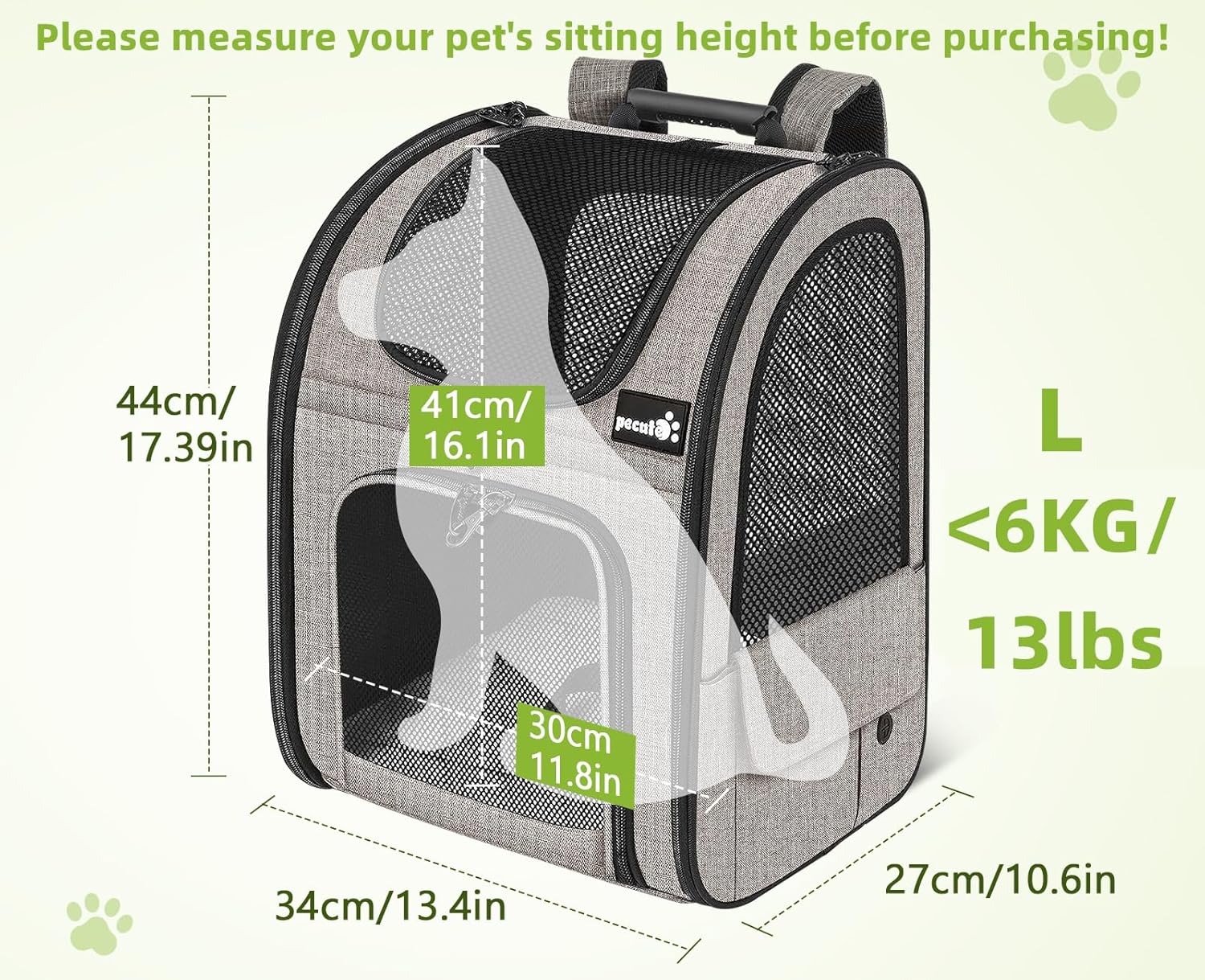 pecute Hunderucksack Erweiterbar, Faltbar Katzenrucksack Katzen mit Anti-offener Reiverschluss, Rucksack Hund mit Netz Fenster Grau XL, für Hunde Katzen Haustiere (40 * 33 * 49cm)