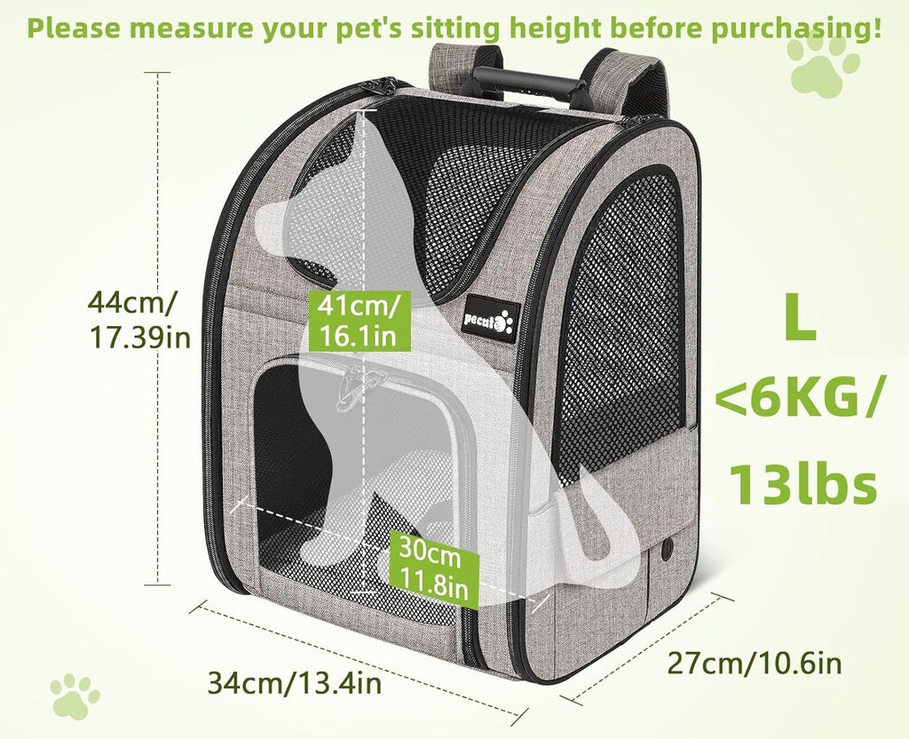 pecute Haustier Rucksack mit Netzfenster, Tragbare und Faltbare Katzentasche, Atmungsaktive und Leichte Hundetasche, Wasserdichtes Oxford-Tuch mit Viel Platz, Multifunktionales Rutschfestes Grau XL