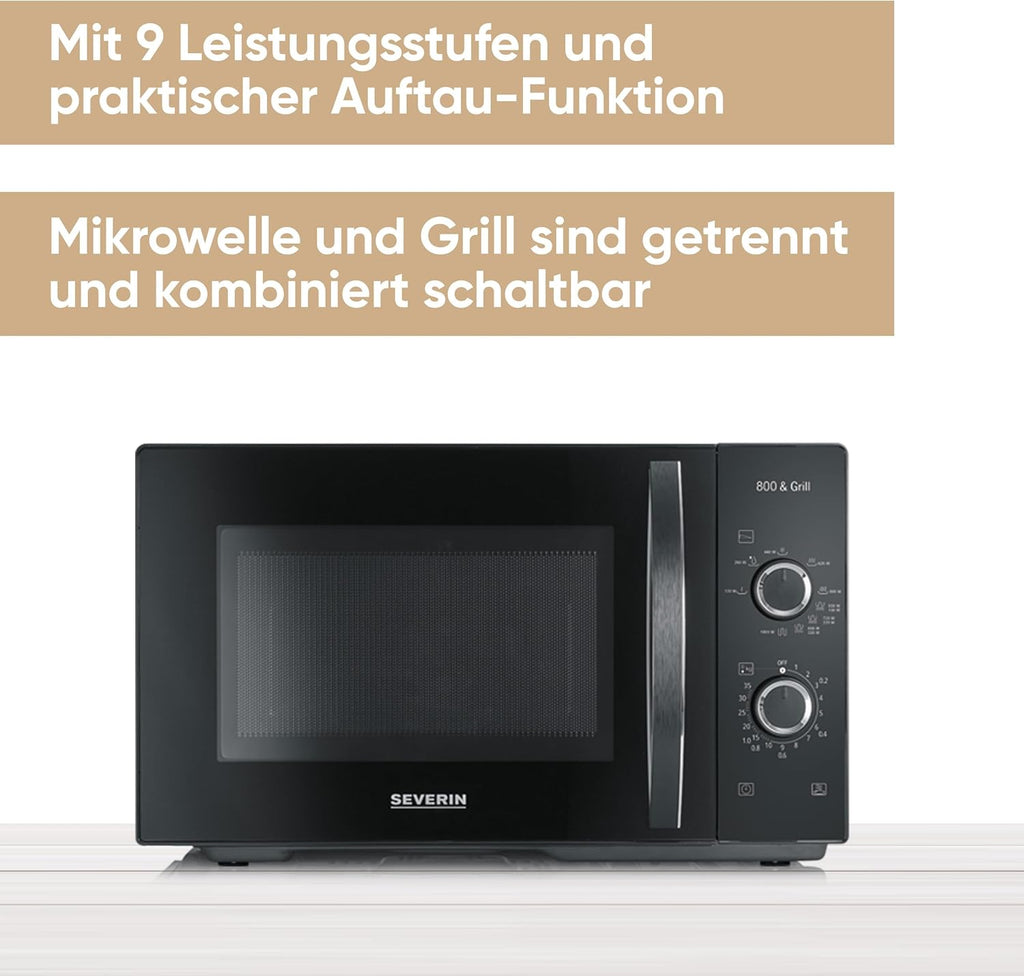 SEVERIN 2-in-1 Mikrowelle mit Grill 800 W, Grillofen mit 25 L Kapazitt und 9 Leistungsstufen, Mikrowelle mit Grillrost und Drehteller, silber, MW 7785