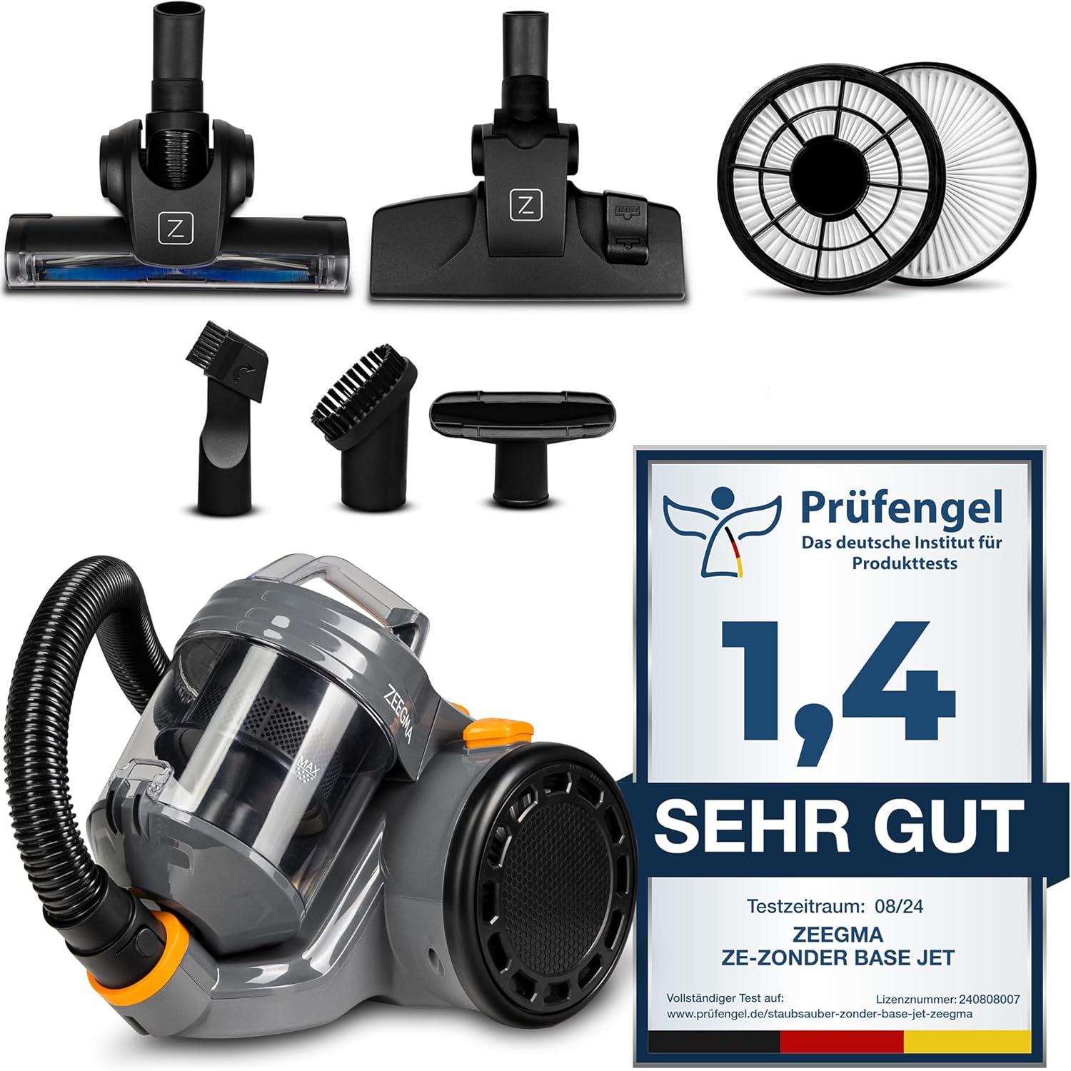 ZEEGMA Zonder Base Jet Staubsauger beutellos mit Set von Aufstzen, Leistung 899W Saugleistung 20 000 Pa, Zyklontechnologie, Turbobürste, 2 HEPA Filter, Staubbehlter 2L