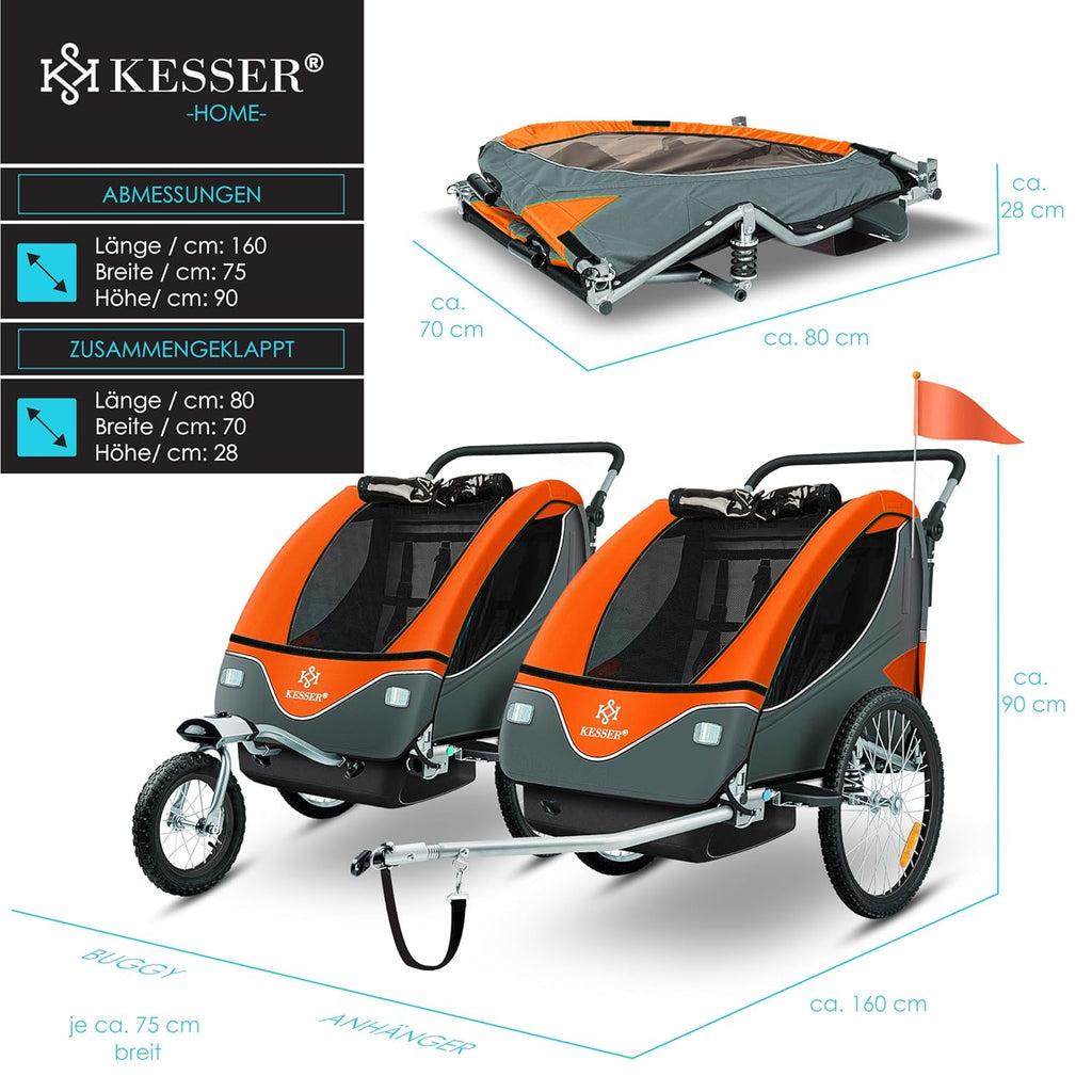 KESSER® Kinderanhänger Fahrradanhänger 360° Drehbar mit Federung 2in1 Joggerfunktion Kinderfahrradanhänger + 5-Punkt Gurt Jogger Fahrrad Anhänger für 1 bis 2 Kinder max. 40kg Inkl. Warnfahne, Schwarz