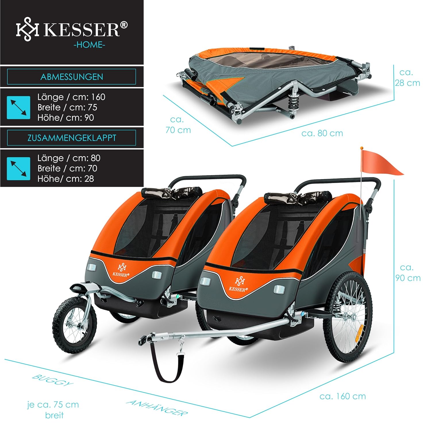 KESSER® Kinderanhänger Fahrradanhänger 360° Drehbar mit Federung 2in1 Joggerfunktion Kinderfahrradanhänger + 5-Punkt Gurt Jogger Fahrrad Anhänger für 1 bis 2 Kinder max. 40kg Inkl. Warnfahne, Schwarz