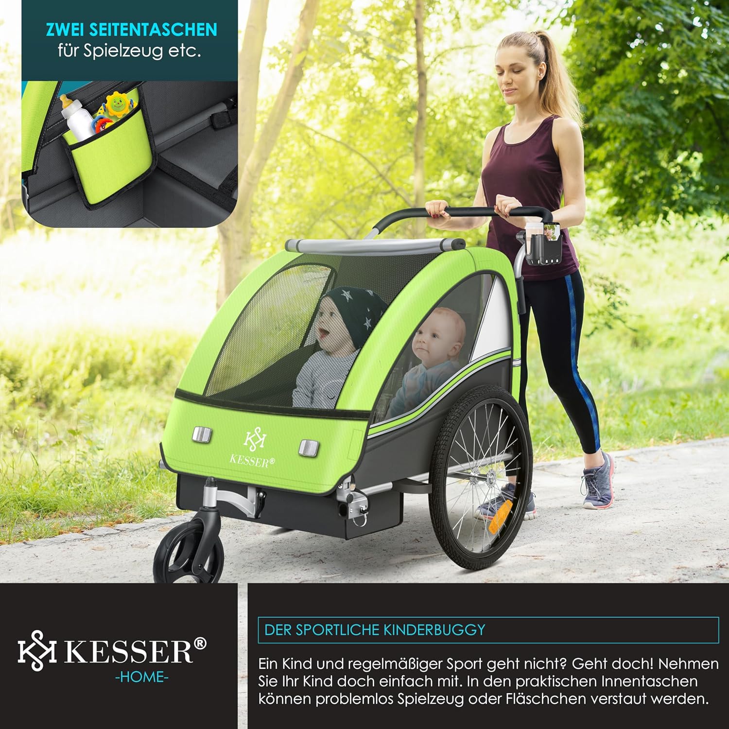 KESSER® Kinderfahrradanhänger Sport-RX 2in1 Jogger & Buggy 5-Punkt-Gurt Sicherheitsgurt 360° Vorderrad Kinderfahrradanhänger Reflektoren für 1-2 Kinder (max. 40 kg) Getränkehalter & Smartphonefach