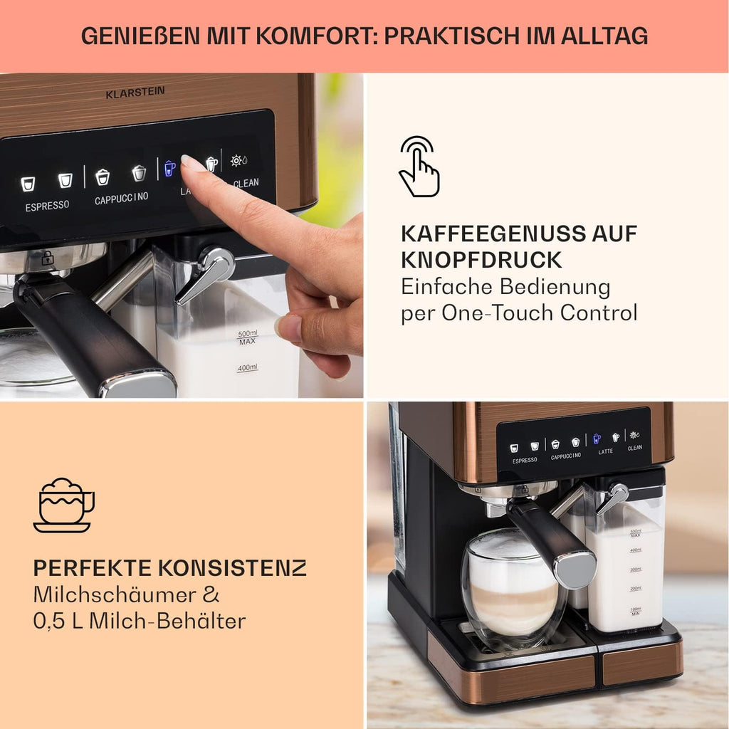 Klarstein Macchina da Caffè Espresso con Lancia Vapore, Macchinetta Caffè con Portafiltro, 1,8 L, 20 Bar, Acciaio Inox, Piccola, Serbatoio Latte 0,5 L, 1350 W, per Caffè in Polvere
