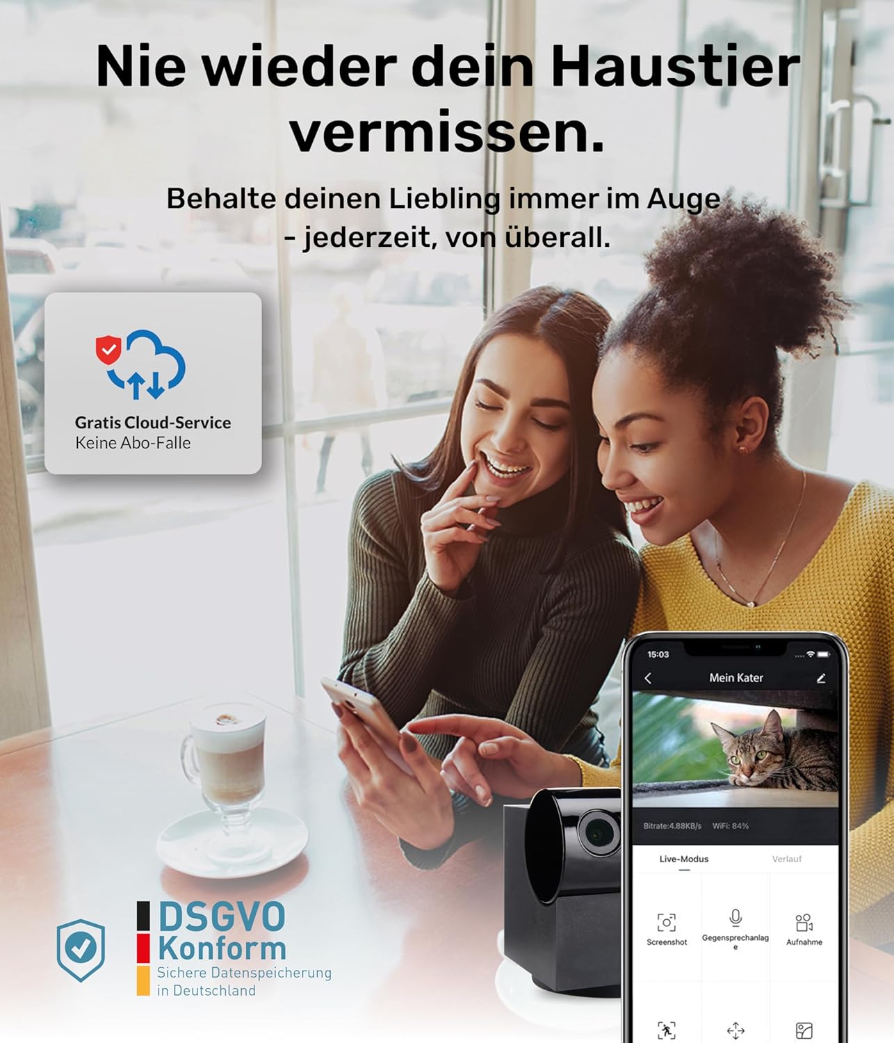 PetTec Videocamera per animali domestici a 360° e distributore automatico di cibo con espulsione di crocchette - tramite App e pulsante multifunzione - Rilevamento dei latrati - Funzione visione notturna 3MP - Telecamera per cani e gatti