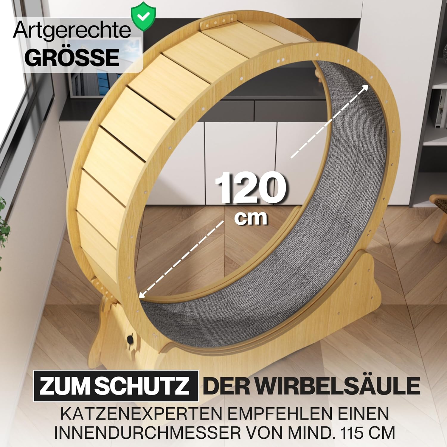 noviclass® Katzenlaufrad Baghira Groß XXL | 132cm Durchmesser Artgerecht für große Katzen | Laufrad für Katzen | Kratzfest, stabil und leise | Geprüfte Qualität und mit Deutscher Anleitung (Holz)