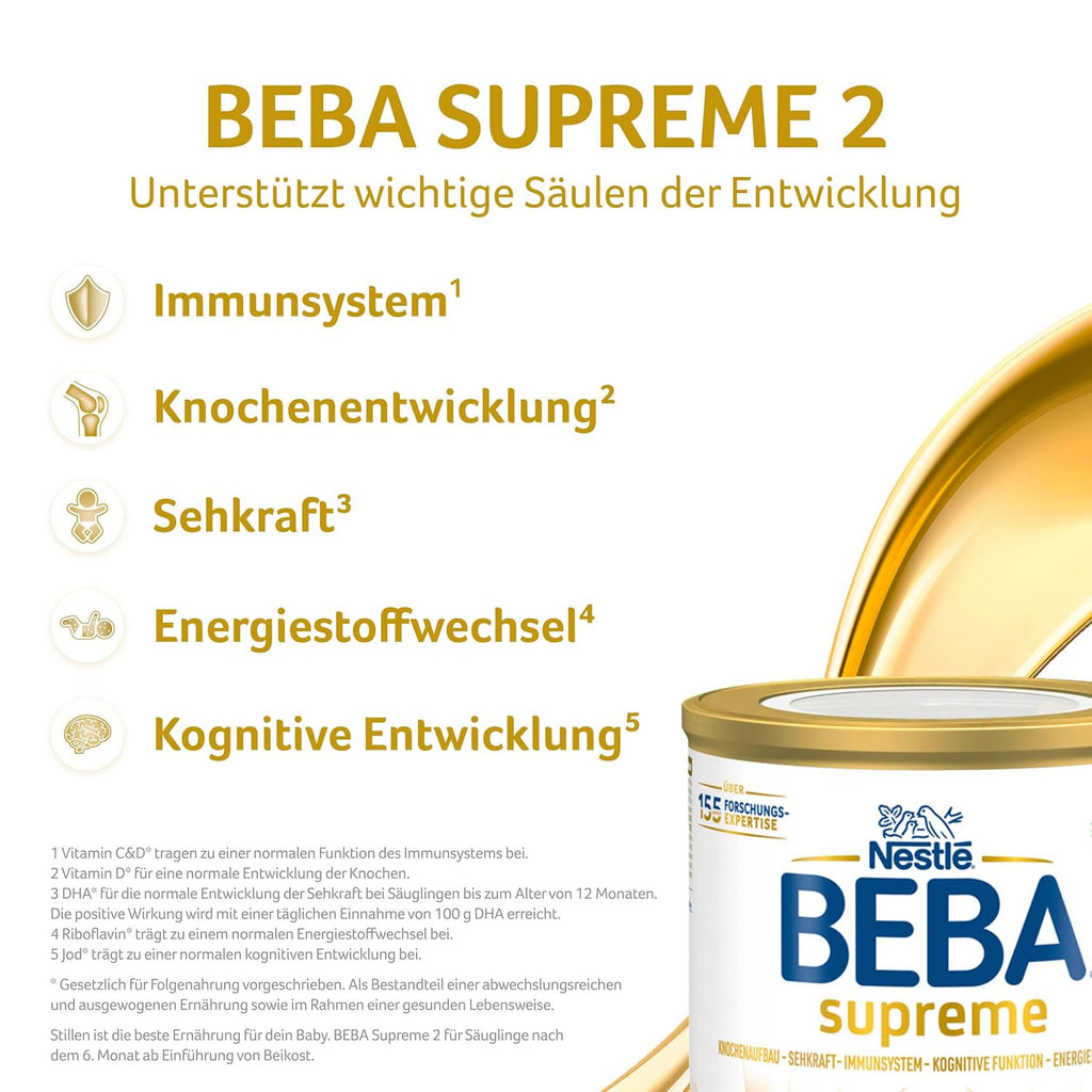 BEBA SUPREME 2 Folgemilch nach dem 6. Monat, Babynahrung mit 6 HMO Komplex, nur Laktose, ohne Palmöl, 6er Pack (12 x 800g)