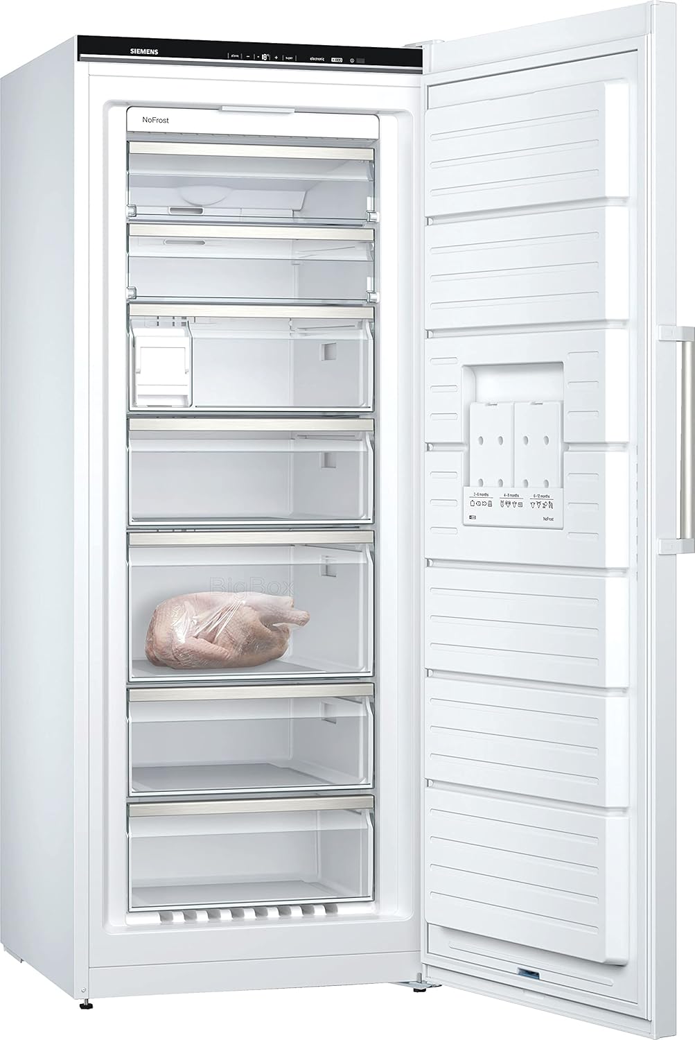 Siemens GS54NAWCV iQ500 Congelatore verticale, 176 x 70 cm, 327 L, NoFrost mai più sbrinamento, bigBox spazio per alimenti di grandi dimensioni, varioZone ripiani e cassetti flessibili in vetro, Bianco