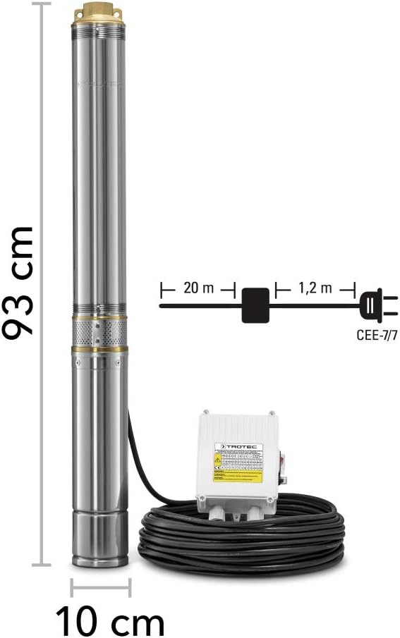 TROTEC Tiefbrunnenpumpe TDP 7501 E – Wasserpumpe mit Fördermenge 6000 l/h, 1100 W – Förderhöhe 90 m, ø 8,6 cm, IP68 für Pumpe, Edelstahlpumpe