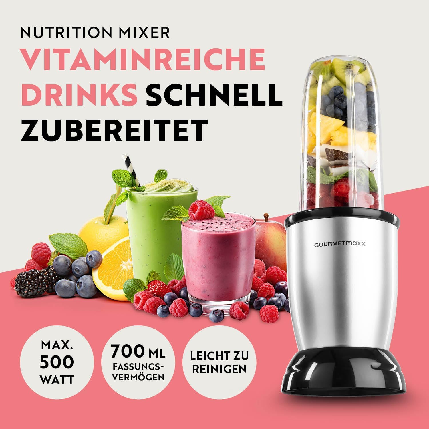 GOURMETmaxx Frullatore per Smoothie e Frullatore a Immersione Set da 18 pezzi - 400W | Frullatore Elettrico da 750ml, Mixer con 4 Bicchiere To-Go, 2 Lame, Spremiagrumi, Piedistallo e Coperchio | Lavabile in Lavastoviglie, a Prova di Perdite e Senza BPA