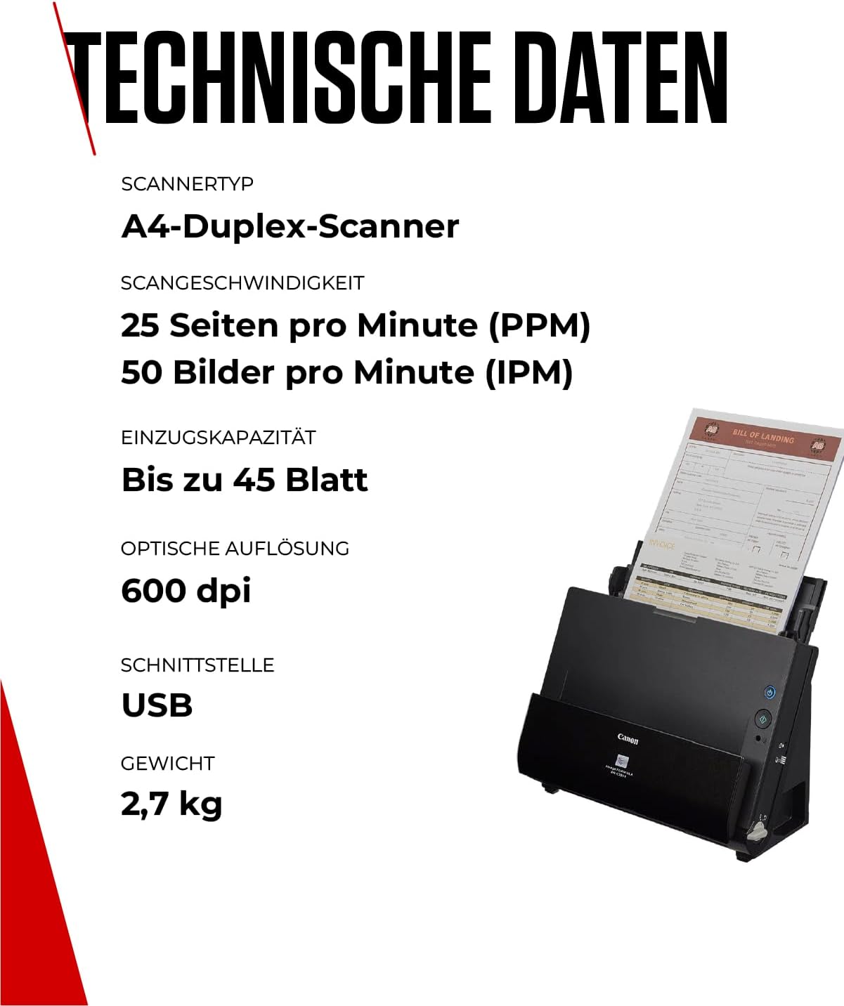 Canon DR-C225 II - Scanner di documenti imageFORMULA (duplex, alimentazione, colore, 600dpi, 25 ppm, PDF OCR, compatto, nero)