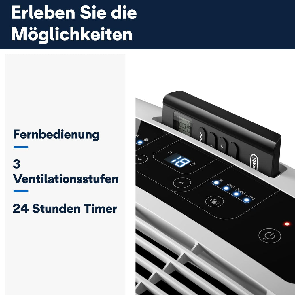 De'Longhi Pinguino PAC EM82, Condizionatore Portatile per ambienti fino a 80 m³, 9.400 BTU, 2,4 kW, 63 dB, Funzione Deumidificatore, Classe Energetica A, Timer 24h, Bianco