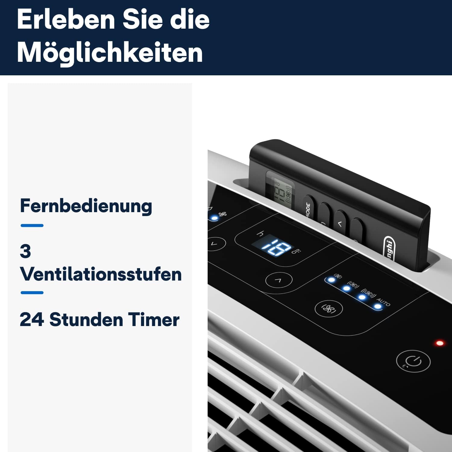 De'Longhi Pinguino PAC EM82, Condizionatore Portatile per ambienti fino a 80 m³, 9.400 BTU, 2,4 kW, 63 dB, Funzione Deumidificatore, Classe Energetica A, Timer 24h, Bianco