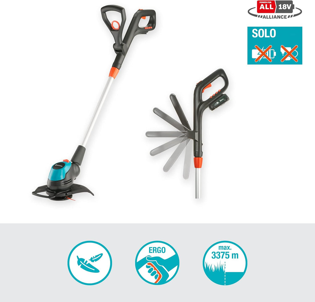 Gardena Akku-Trimmer EasyCut 23/18V P4A Ready-to-Use Set: Rasentrimmer mit 230 mm Schnittkreis, Verstellbarer Griff, Pflanzenschutzbügel und Stielneigungsverstellung, inkl. 18 V P4A Akku (14700-20)