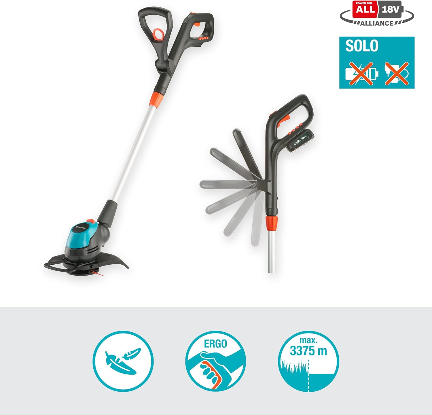 Gardena Akku-Trimmer EasyCut 23/18V P4A Ready-to-Use Set: Rasentrimmer mit 230 mm Schnittkreis, Verstellbarer Griff, Pflanzenschutzbügel und Stielneigungsverstellung, inkl. 18 V P4A Akku (14700-20)