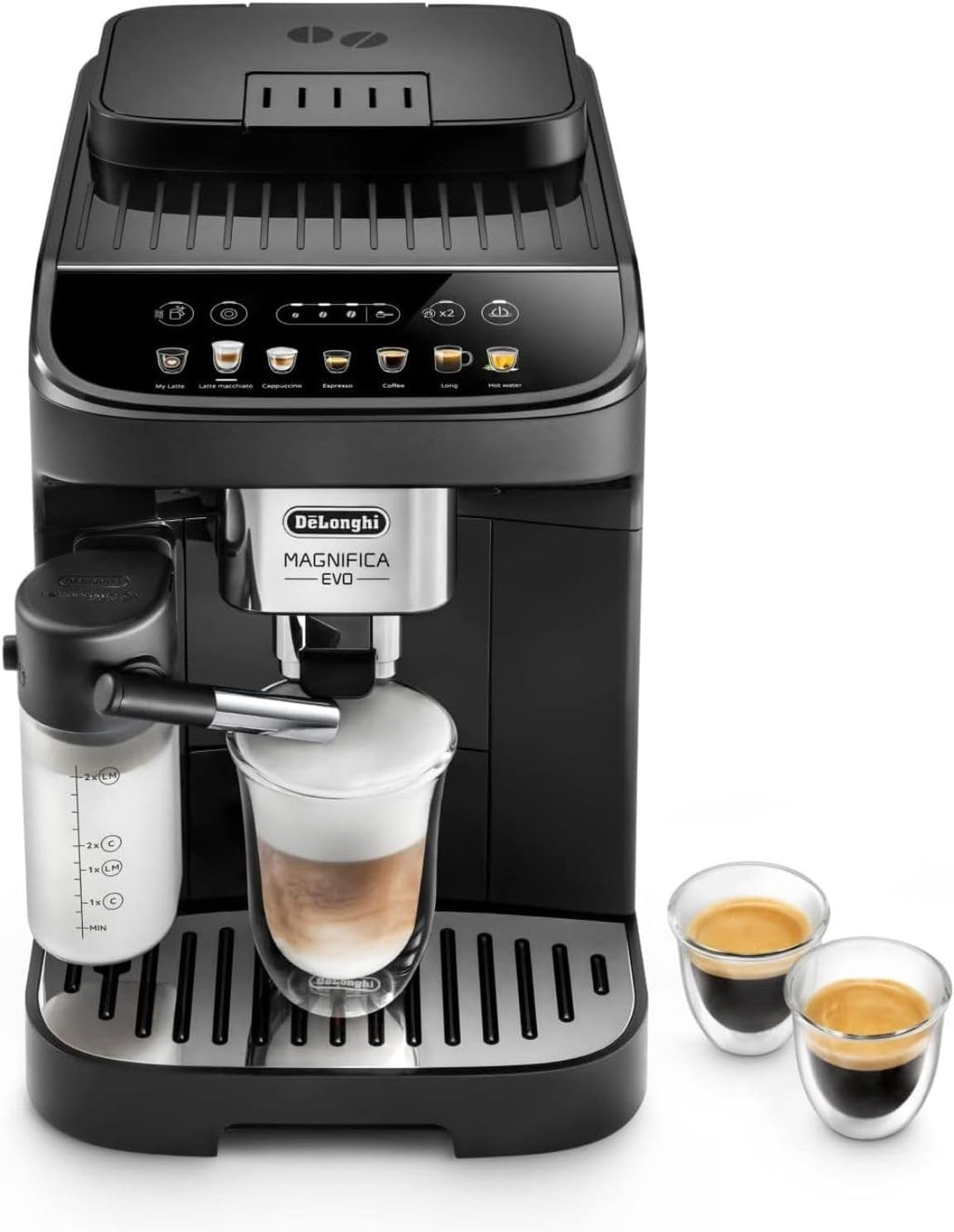 De'Longhi Magnifica Evo ECAM292.81.SB, macchina da caffè automatica con sistema latte, 7 tasti per selezione diretta di cappuccino, espresso e altre specialità di caffè, pannello di controllo, funzione 2 tazze, argento/nero