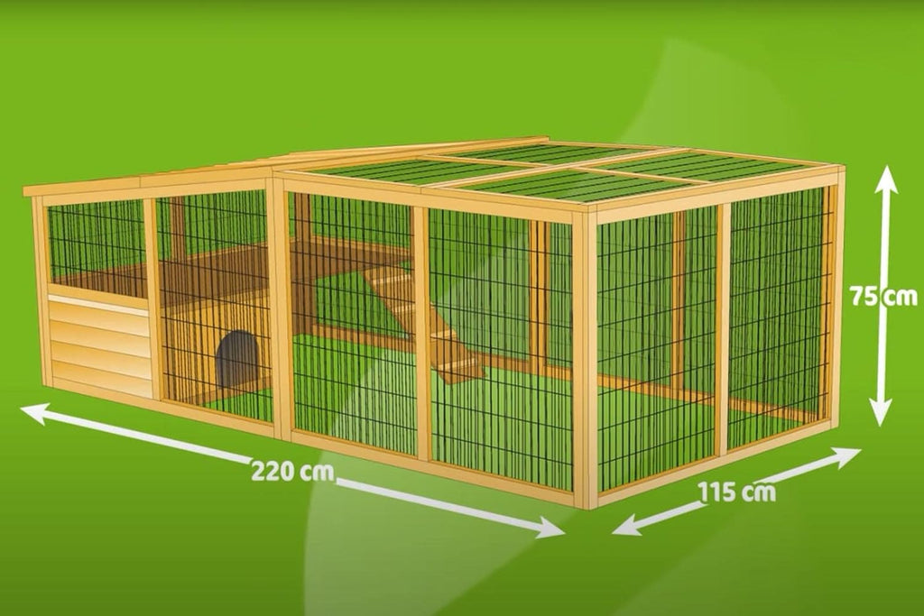 Kerbl Recinto per piccoli animali con blocco anti-fuga (spaziatura della griglia 2,5 cm, area esterna coperta, con tetto in plastica, inclusa casetta per piccoli animali + piattaforma panoramica) 81708