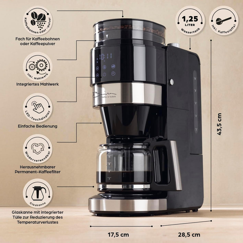 Barista Kaffeemaschine mit Mahlwerk | Filterkaffeemaschine mit Glaskanne | 900W Filtermaschine mit Touchdisplay & Timerfunktion für bis zu 10 Tassen | 1,25 Liter Kaffeekanne | Für Bohnen & Pulver