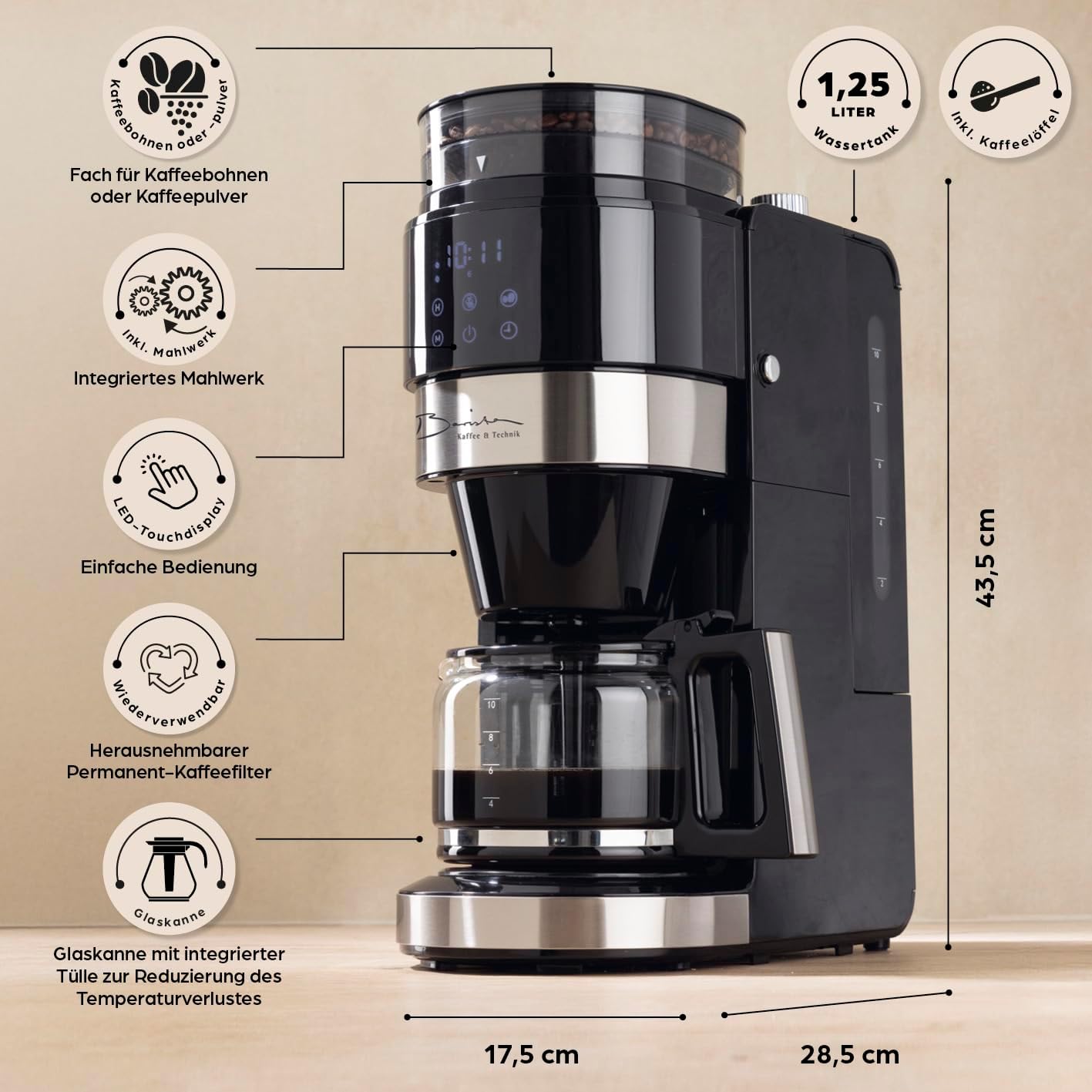 Barista Kaffeemaschine mit Mahlwerk | Filterkaffeemaschine mit Glaskanne | 900W Filtermaschine mit Touchdisplay & Timerfunktion für bis zu 10 Tassen | 1,25 Liter Kaffeekanne | Für Bohnen & Pulver