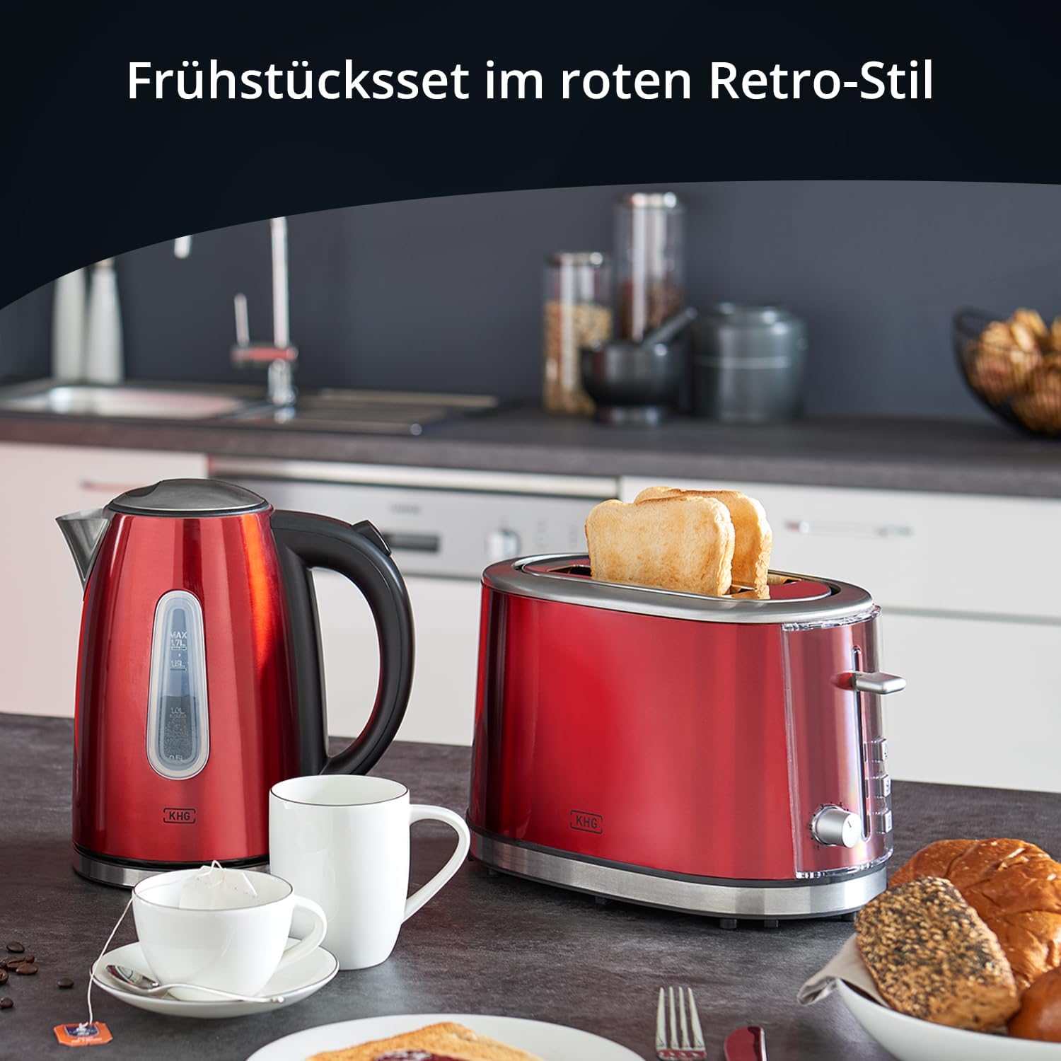 KHG Frühstücksset Wasserkocher, Toaster & Kaffeemaschine in Rot, Edelstahl Metallic Chrom, 1,7l Kapazität, 2 Toast Scheiben & 12 Tassen Kaffee, Kontrollleuchten, Wasserstandsanzeigen, Permanentfilter